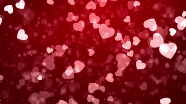 Resumen Corazones blancos partícula se desvanecen bokeh chispa Confetti en fondo de pantalla roja. — Vídeo de stock