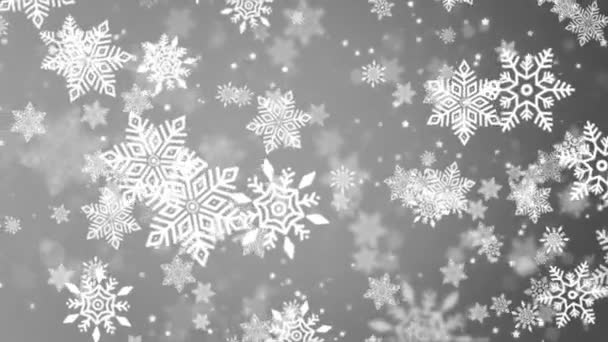 Tungt snöfall, snöflingor i olika former. Många vita kalla flagor element bakgrund. — Stockvideo
