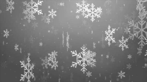 Létající sněhové vločky na světle bílém pozadí. Zimní abstraktní padající sníh. — Stock video