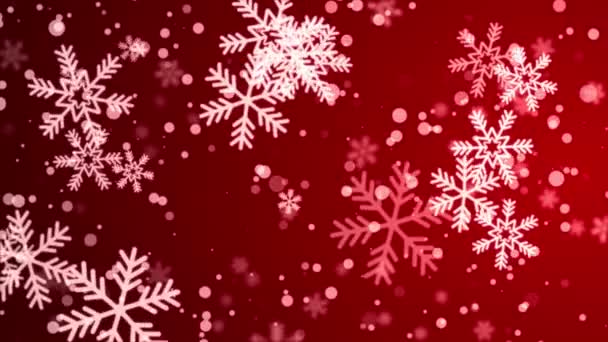 Rode sneeuw vlokken en sterren deeltje bokeh winter lus 4K achtergrond. — Stockvideo
