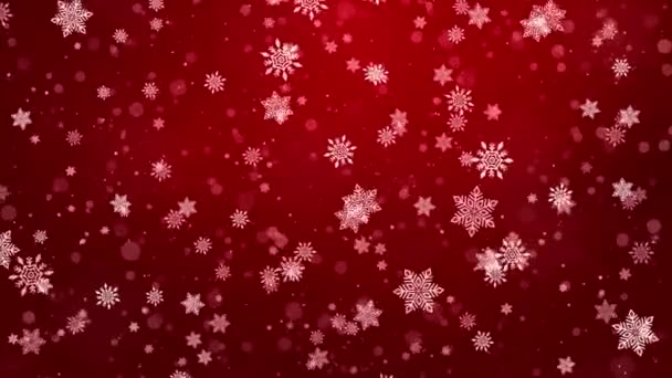 Fondo de lazo de Navidad de invierno natural con nevadas rojas, copos de nieve diferentes formas — Vídeos de Stock