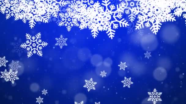 Flocons de neige confettis blancs et lumières bokeh sur le fond bleu boucle 4k 3D.