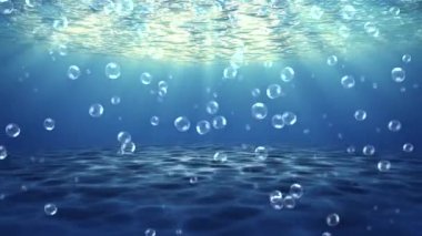Hava kabarcıkları yüzen havada patlıyor ve hava deniz bottonu salınıyor. Su yüzeyi 4K 3D Yeşil Ekran Döngüsü Canlandırması.