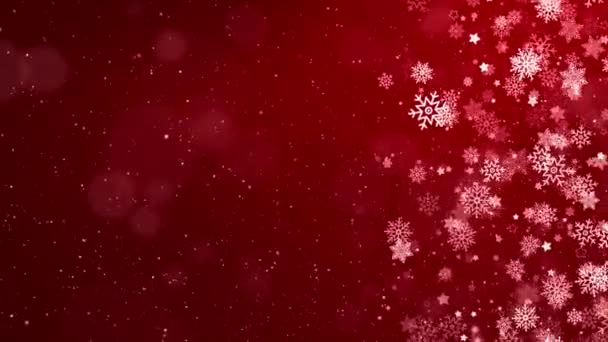 Natural Inverno Natal Loop fundo com neve vermelha, flocos de neve formas diferentes — Vídeo de Stock
