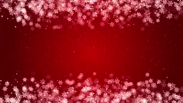 Червоні конфітті сніжинки боке запалює рамку бордюр червоний веселий різдвяний цикл фон . — стокове відео