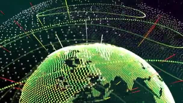 粒子地球球体旋转和发光光束环的阿尔法动画. — 图库视频影像