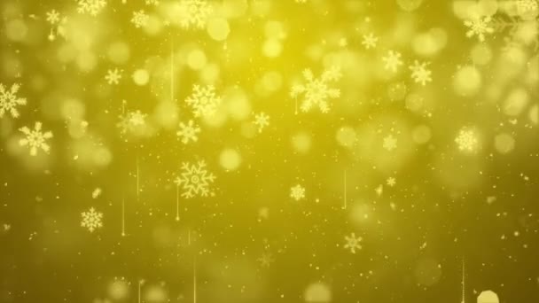 Caída de confeti de oro, copos de nieve y luces bokeh en el lazo de oro Fondo de Navidad. — Vídeo de stock