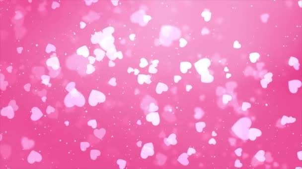 Soyut Beyaz Kalpler parçacığı Pembe Ekran arkaplanındaki Bokeh parıltılı Konfeti. — Stok video