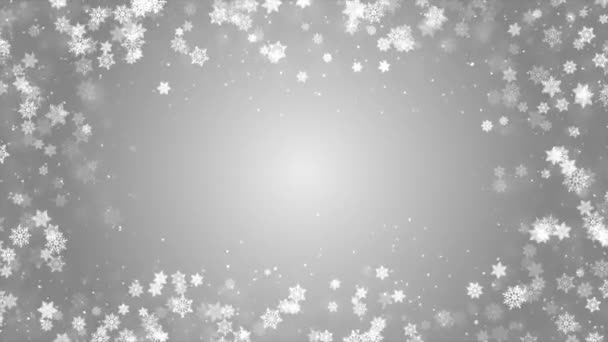 Plata Blanco confeti copos de nieve bokeh luces marco borde rojo Feliz Navidad lazo fondo. — Vídeo de stock