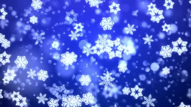 Abstrato Queda partículas neve flocos de neve lente flare no azul escuro loop 4K fundo. — Vídeo de Stock