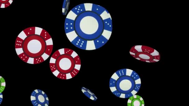 Puces de poker rouges et bleus chute animation en boucle 4K 3D Alpha Green Screen loop Animation. — Video