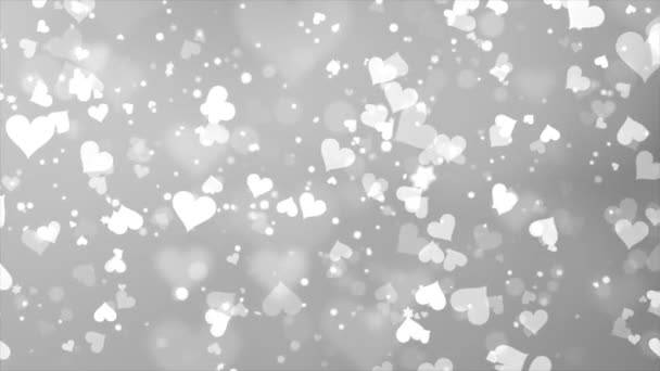 Absztrakt fehér mozgó repülő szívek és részecskék Valentin-nap hurok háttér. — Stock videók