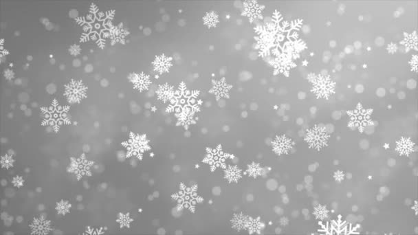 Suddig bokeh vitt ljus snöfall, snöflingor, snöflingor, Snö Loop bakgrund. — Stockvideo