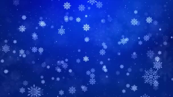 Kerstachtergrond Beweging Graphics Loop Animatie Blauw Glinsterende Sneeuwvlok Deeltjes. — Stockvideo
