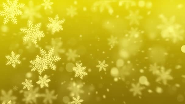 Bílé konfety sněhové vločky a bokeh světla na zlaté smyčky 4k 3D pozadí. — Stock video