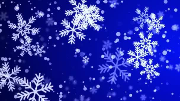 Weihnachten fallender Schnee Schneeflocke auf Schleife Blau 4k Hintergrund. — Stockvideo
