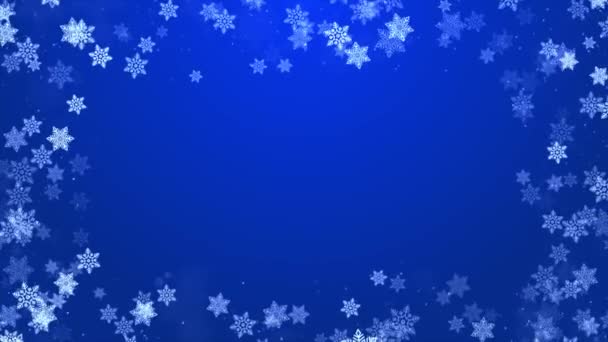 Azul confeti copos de nieve bokeh luces marco borde rojo Feliz Navidad lazo fondo. — Vídeo de stock