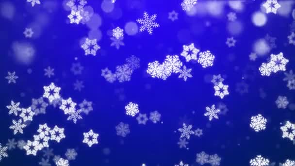 Fallende Blaue Konfetti, Schneeflocken und Bokeh-Lichter auf dem Hintergrund der Goldenen Schleife. — Stockvideo