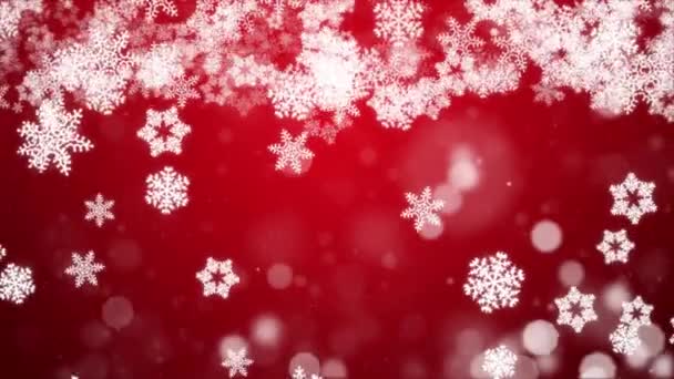 Soyut, keskin ve bulanık parçacıklar kırmızı kar tanesi döngüsü arka planında toplanıyor. — Stok video
