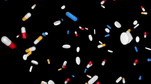 Falling Colorful Medical Pills on Black background. 4K Seamless Looping Animation — Stock Video