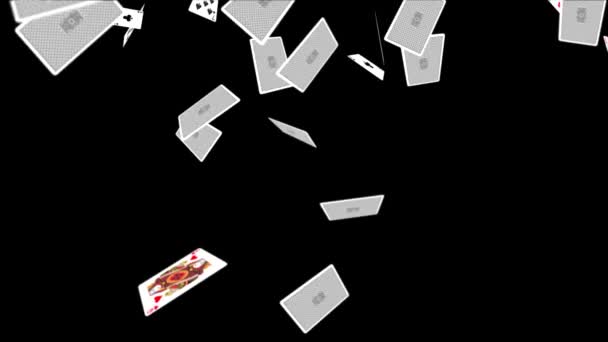 3D κάρτες 4K Casino chips απομονωμένες φόντο μαύρο βρόχο. — Αρχείο Βίντεο