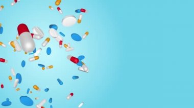 Çeşitli haplar ve kapsüller 3 boyutlu haplar, tabletler ve çok renkli kapsüller düşüyor,