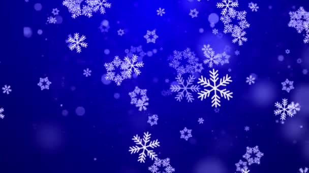 Azul nieve Confetti copos de nieve y Bokeh luces mágicas Loop 4k fondo de vídeo. — Vídeos de Stock