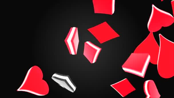 3d animation of poker spade, heart, club, diamond suit, falling down loop 4k animation — Stock Video