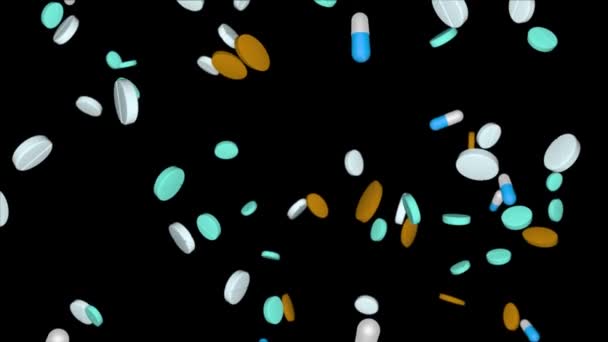 Mehrfarbige Pillen, Tabletten, Medikamente, die in die Endlosschleife fallen Animation Hintergrund — Stockvideo