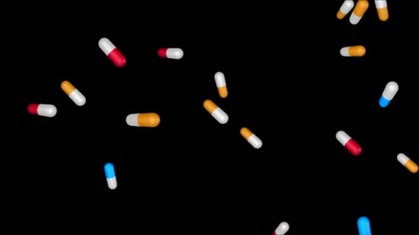 Diferentes tipos de pílulas caindo em Black Loop fundo 4k 3D câmera lenta. — Vídeo de Stock