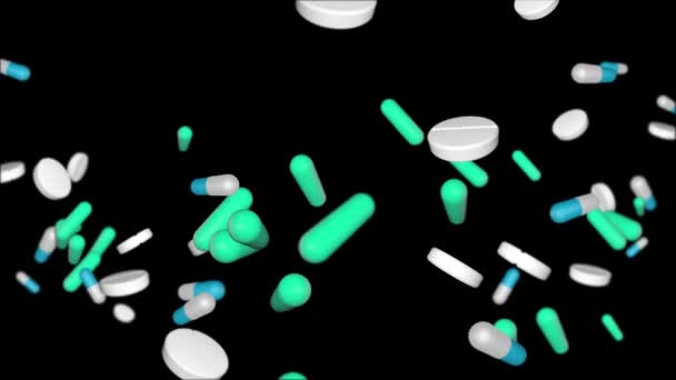Prášky Kapsle a tablety antibiotika, Doplňky shazovat navzájem za letu Zpomalení pohybu — Stock video