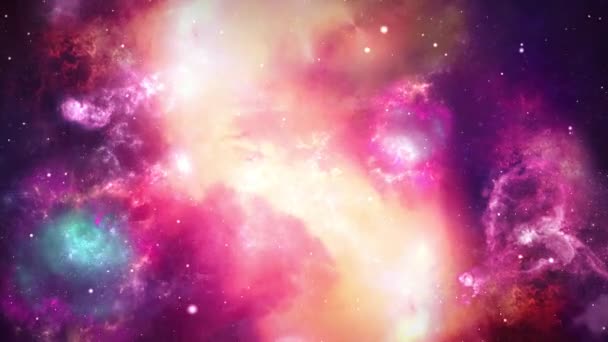 Розовый 4K 3D петля анимации камера пролетела через облака и звездное поле в космосе. — стоковое видео