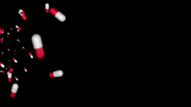 Kırmızı haplar, vitaminler ve antibiyotikler Kara Döngü arka plan döngüsü 3D 4K animasyon üzerinde dönerler..