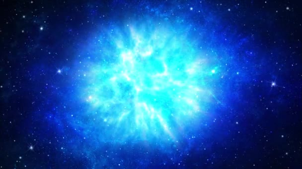 Uzay gemisi uzay boşluğunda Orion nebulası etrafında uçuyor. Elektrikli Işık Döngüsü Animasyon Arkası. — Stok video