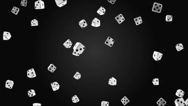 Falling, flying out white cubes on a black loop background. Rotate and bounce Rolling Dices Casino. — Stock Video