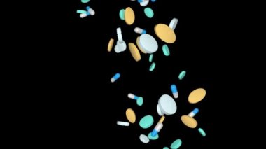 Black Loop 'un arka planına karışık hapların düşmesi çok yavaş bir hareket. Alfa kanalı.