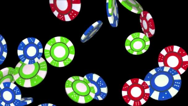 Golden casino chips vallen van boven op zwarte achtergrond 4K 3D Alpha Green Screen loop Animatie., — Stockvideo