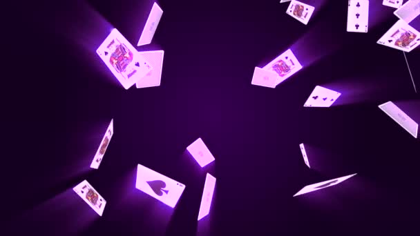 Casino Poker Falling Neon Pokerkarten und Chips Spiel 4K 3D Alpha Green Screen Loop Animation. — Stockvideo