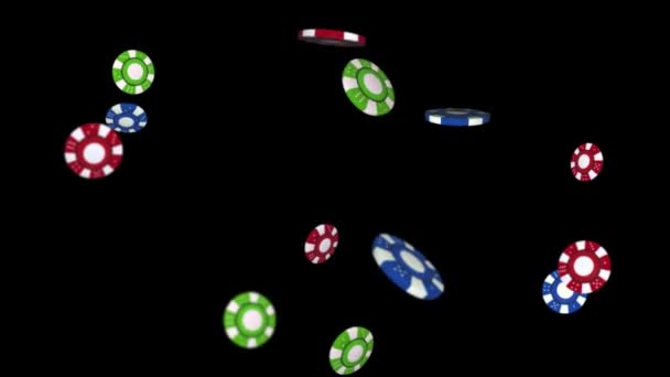 3D realistische speelchips voor casino of vliegende gokken munten 4K 3D Alpha Green Screen loop Animatie. — Stockvideo