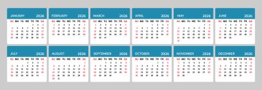 Minimalist 2026 takvimi, beyaz arkaplanlı, pazar gününden itibaren. Ofis kullanımı, baskı ve dijital planlama için mükemmel.