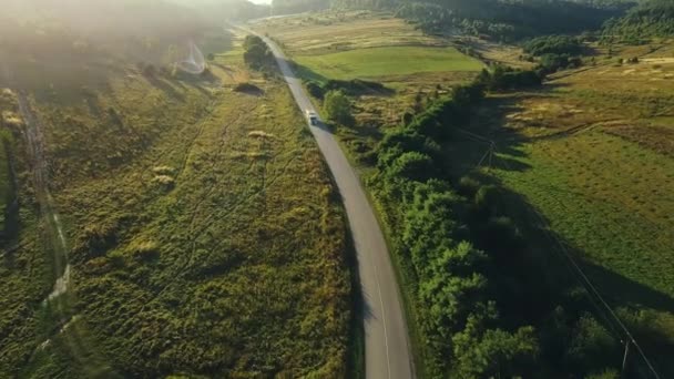 Witte vrachtwagen met aanhangwagen snel rijden langs het platteland weg op de zomer zonnige dag — Stockvideo