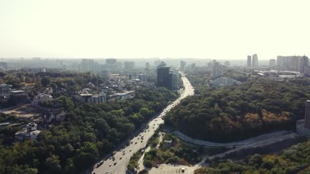 Légi felvétel az életről egy nagyvárosban. Felhőkarcolók, parkok, forgalom, forgalmas utak — Stock videók