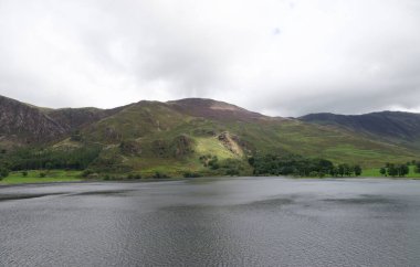 Gölün yanındaki küçük beyaz kulübe ve yeşil tarlalar..