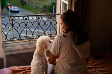 Esmer bir kız beyaz Bichon Frise 'iyle yatağında oturur ve pencereden dışarı bakar. Bu samimi sahne, evin rahatlığından dışarıdaki dünyayı gözlemleyerek, arkadaşlığın sessiz bir anını yakalar..