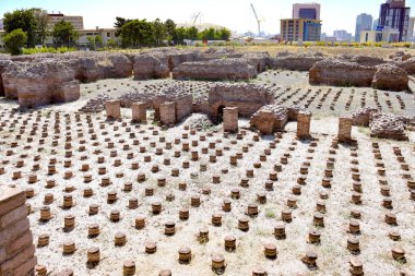 Hypocaust heating system remains from the Roman Bath Open Air Museum in Ankara, Turkey. Editorial use only. August 29, 2025, Ankara, Turkey.