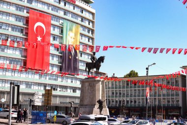 Equestrian statue of Ataturk at Ulus Square with Turkish flags and portrait banners; for news, travel and culture coverage. Editorial use only. non-commercial 29 August 2025, Ankara, Turkey.