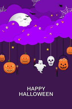 Cadılar Bayramı geçmişi. Cadılar Bayramı duvar kağıdı. Cadılar Bayramı posteri. Mor, beyaz, turuncu, dolunaylı siyah, balkabağı, hayalet, mum, kafatası, yarasalar, bulut, şeker, kağıt kesiği, pankart, desen, dekor