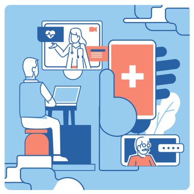 Kadın bir doktor, bilgisayarlı ve akıllı telefonlu teletıp uygulamasından tavsiye verir. 