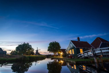 Windmill at Blue Hour in Zaanse Schans, Netherlands  Scenic Evening View Near Zaandam City