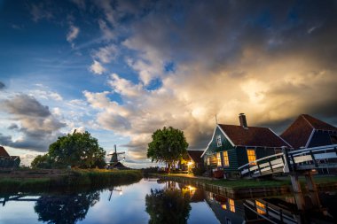 Windmill at Blue Hour in Zaanse Schans, Netherlands  Scenic Evening View Near Zaandam City